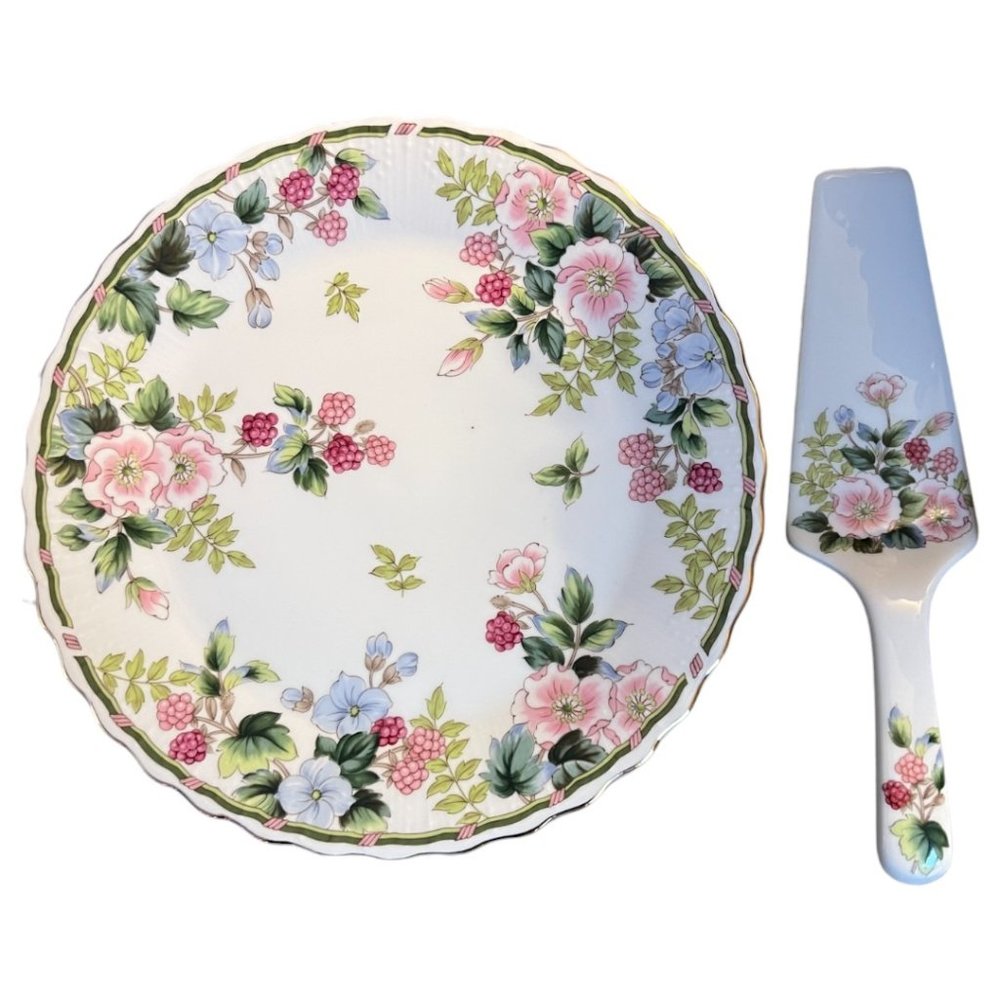 Vtg 1970s ANDREA BY SADEK Cake Plate & Server Porcelain Floral Raspberries